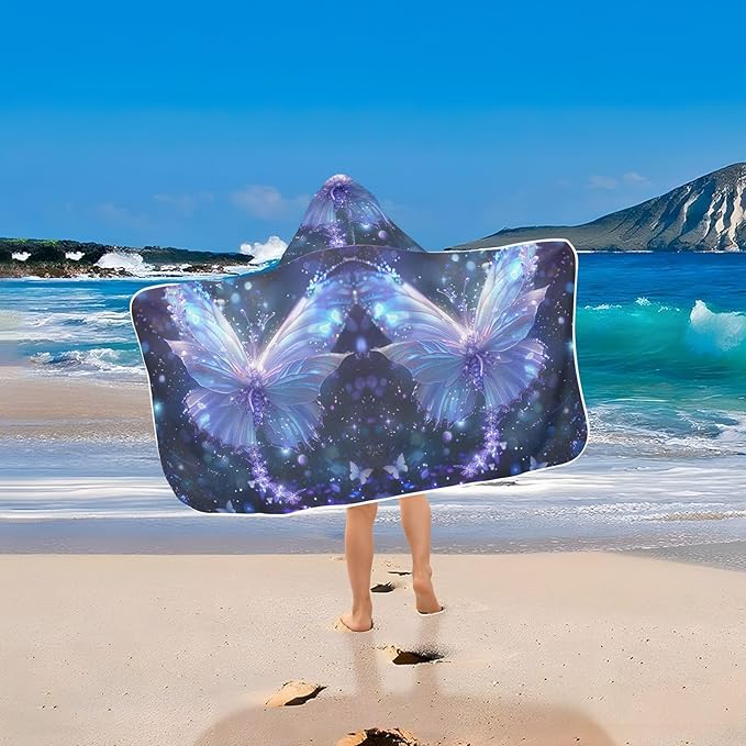 Hooded Towel for Kids Glowing Blue Butterfly Beach Wrap Bath Towels 50x23.5in