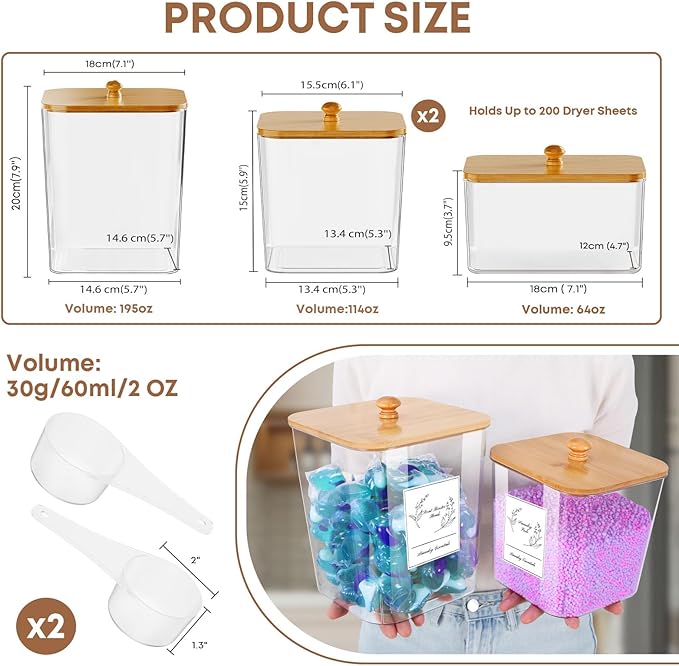 COAZEX 4 Pack Clear Laundry Pods Container & Dryer Sheet Holder, Plastic Square Laundry Room Organization and Storage Jars with Lids, Scoops & Labels for Detergent, Powder, Dryer Balls, Beads