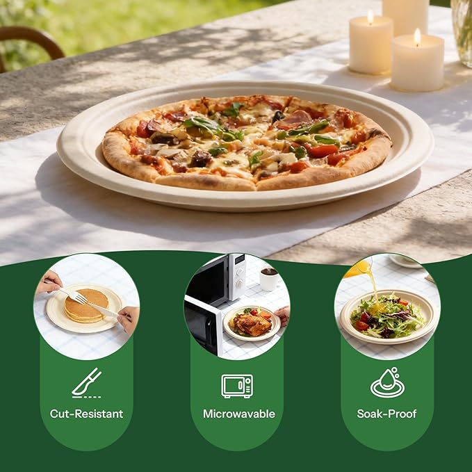 Compostable Plates 9&7 Inch with Cutlery，Heavy Duty Paper Plates 50 Pack, Disposable Dinnerware Sets Biodegradable Sugarcane Bagasse Dinner Plates for Everyday Use, Party, Family (Microwave Safe)
