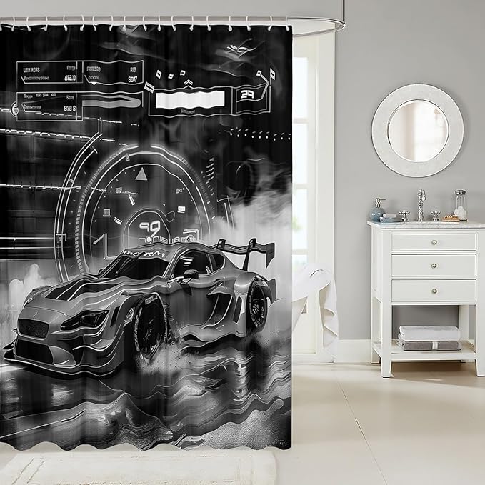 Erosebridal Extreme Sports Shower Curtain Black White Grey Sports Car Bath Curtain,Boys Cars 72" Wx84 L Shower Curtain Set Dirt Bike Vehicles Bathroom Decor