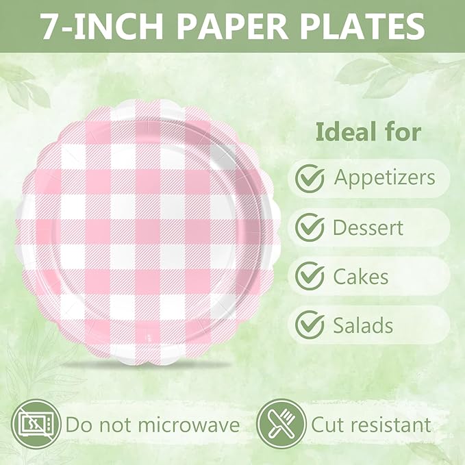 Mulbozy 75 Pink Gingham Plates and Napkins Disposable Set Includes 25 Dessert Cake Scalloped Plates, Cocktail Napkins & Forks, for Fork 25 Guests Holiday Party Supplies.