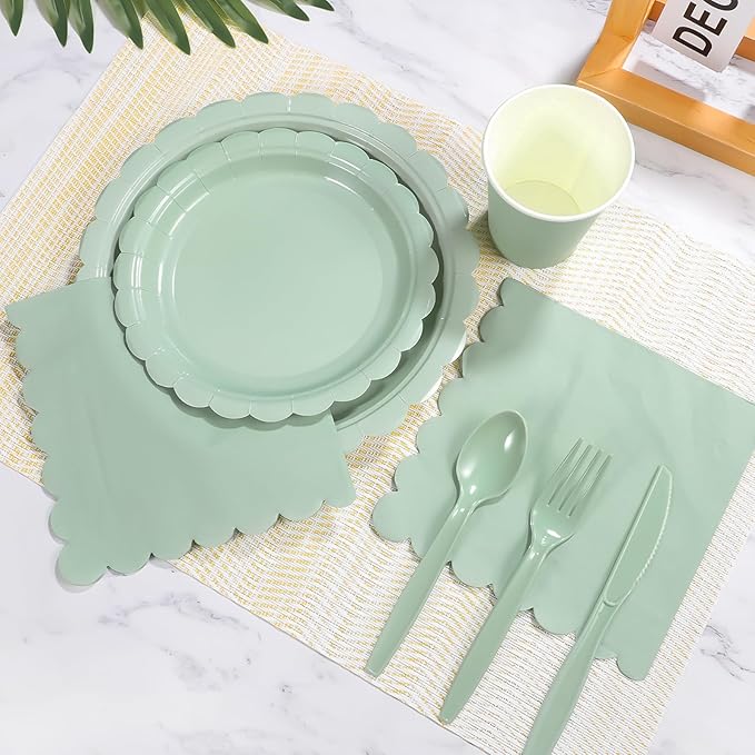 175 Pcs Party Plates and Cups and Napkins Sets, 9" Paper Plates, 7" Dessert Plate, 9oz Cups & Cutlery, 25 Guest Scalloped Sage Green Party Supplies for Wedding, Bridal Baby Shower, Birthday