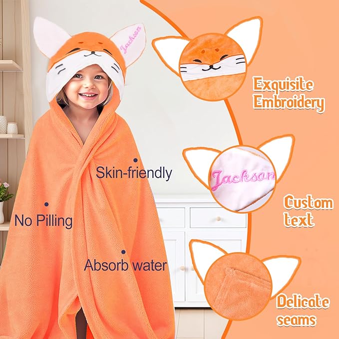 Baosity Custom Hooded Baby Towel with Name, Personalized Soft Absorbent Fox Bath Towel, Shower Towels for Girls Boys, Easter Brithday for Kids Baby, Toddler, Newborn Essential