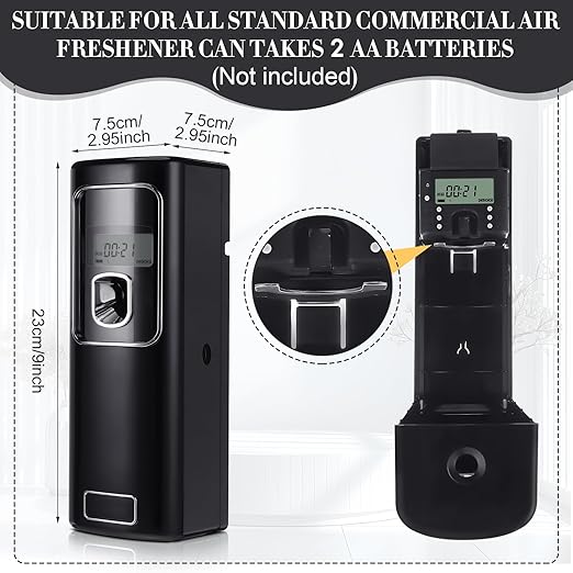 Rossesay 2 Pcs Automatic Air Freshener Spray Dispenser with Screen LCD Perfume Dispenser Wall Mount/Standing Capacity for Bathroom Hotel Office Commercial Place (Black)