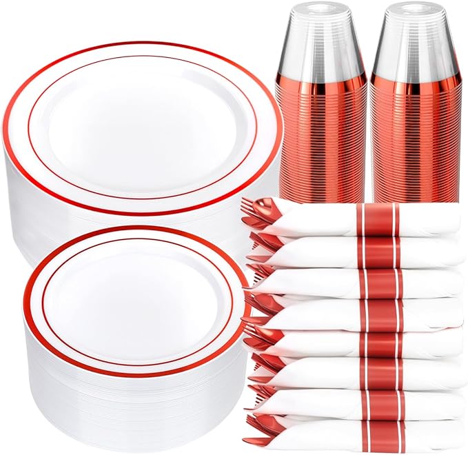 Goodluck 350 Piece Red Plastic Dinnerware Set for 50 Guests, Fancy Disposable Plates for Party, Include: 50 Dinner Plates, 50 Dessert Plates, 50 Pre Rolled Napkins with Silverware, 50 Cups