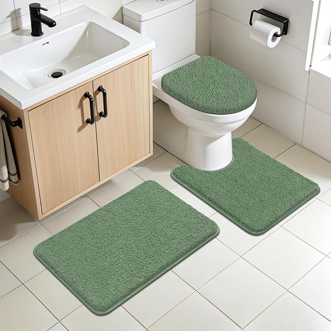 SHACOS Sage Green 5 Pieces Bathroom Rugs Set with Toilet Lid Cover Ultra Soft Absorbent Microfiber Bath Mat U Shape Contour Rug for Bathroom, Non Slip Machine Washable Bath Runner Rugs for Bedroom