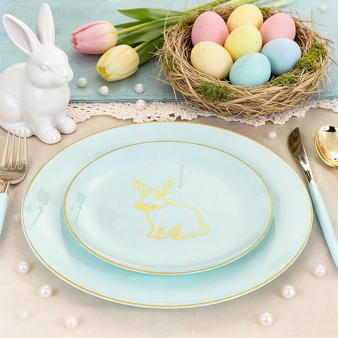 KIRE 60 Pieces Easter plates with Gold Bunny-Mint Green Plastic Plates include 30Pieces 10.25inch Dinner Bunny and 30Pieces 7.5inch Green Dessert/Salad Plates for Easter Day