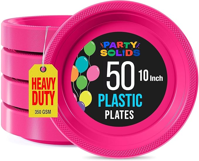 Exquisite Party Solids Cerise Plastic Plates For Party Supplies 10" Cerise Disposable Plates Heavy Duty 50 Pcs Plastic Dinnerware Sets Heavy Duty 350 GSM Disposable Dinnerware Set