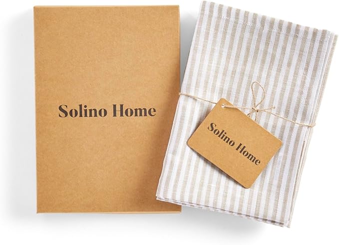 Solino Home Natural and White Linen Kitchen Towels Set of 2-100% Pure Linen 17 x 26 Inch Narrow Stripe Tea Towels with Hanging Loop - European Flax Kitchen Dish Cloth - Quick Dry & Machine Washable