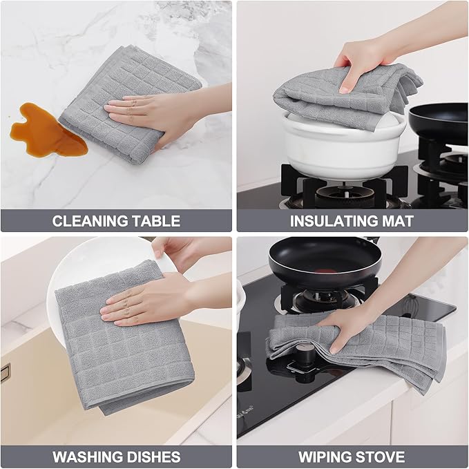 Homaxy Premium Cotton Kitchen Towels 16"x 28", Large Natural Ring Spun 390 GSM Dish Towels, Super Absorbent Terry Kitchen Hand Towels, Soft Tea Towels with Hanging Loop, Pure Light Grey Design, 8 Pack