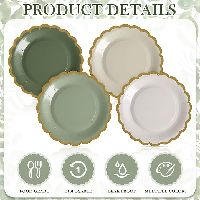 96 Pcs Gradient Sage Green Paper Plates 7 Inch Scalloped Disposable Dessert Plate for Coquette Bridal Pink Bow Wedding Birthday Baby Shower Party Supplies