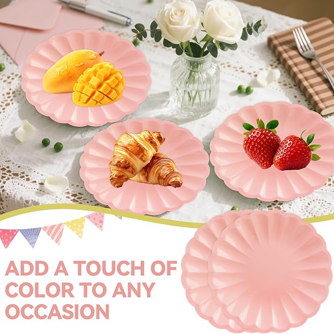 50Pcs Large Scalloped Light Pink Paper Plates 7Inch Shell Edge Dessert Plates for Cake Salad Fruit Disposable Dessert Serving Plates for Birthday Wedding Baby Shower Party Decorations