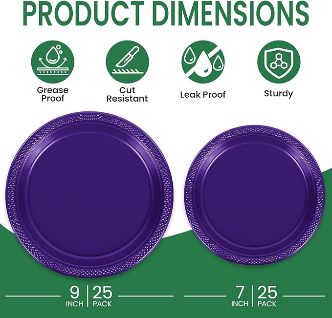 LANLISA 50 Pcs Purple Plastic Plates For Party, 25-9" & 25-7" Disposable Cake Dessert Plates For Birthday, Graduation, Mothers Day, Halloween Dinner
