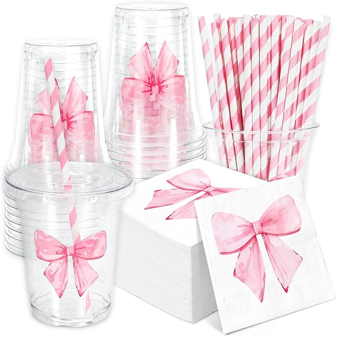 FYSUIMU 50 Set Pink Bow Tableware Set Watercolor Coquette Bowknot Paper Napkins Disposable Plastic Cups with Lids Straws for 50 Guests Valentines Wedding Bachelorette Birthday Baby Shower Party Decor