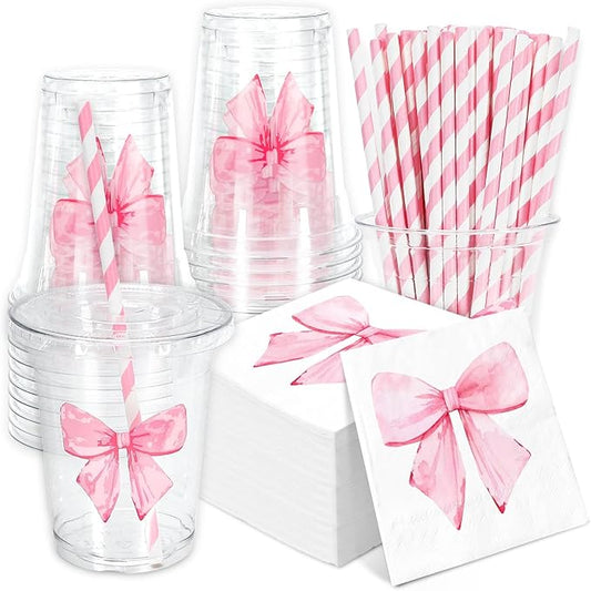 FYSUIMU 50 Set Pink Bow Tableware Set Watercolor Coquette Bowknot Paper Napkins Disposable Plastic Cups with Lids Straws for 50 Guests Valentines Wedding Bachelorette Birthday Baby Shower Party Decor