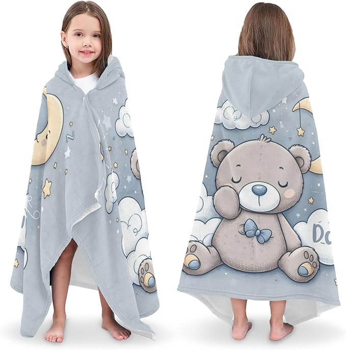 Night Teddy Bear Personalized Kids Hooded Towel with Name Soft Absorbent Beach Pool Bath Towels Hood Poncho for Boys Girls