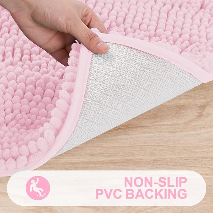 Grandaily Chenille Striped Bathroom Rugs 47x24, Extra Thick and Absorbent Bath Mats, Non-Slip Soft Plush Shaggy Shower Carpet, Machine Wash Dry, Bath Rug for Bathroom, Pink