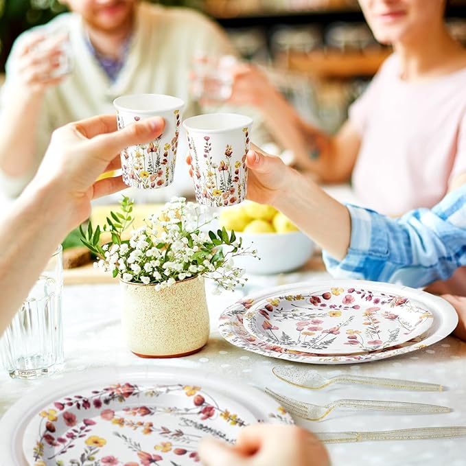 Sinmoe 400 Pcs Spring Plates and Napkins Set Paper Flower Dinnerware Disposable Party Supplies for 50 Guest Dinnerware Knife Fork Spoon for Spring Birthday Party(Classic Color,Flower)