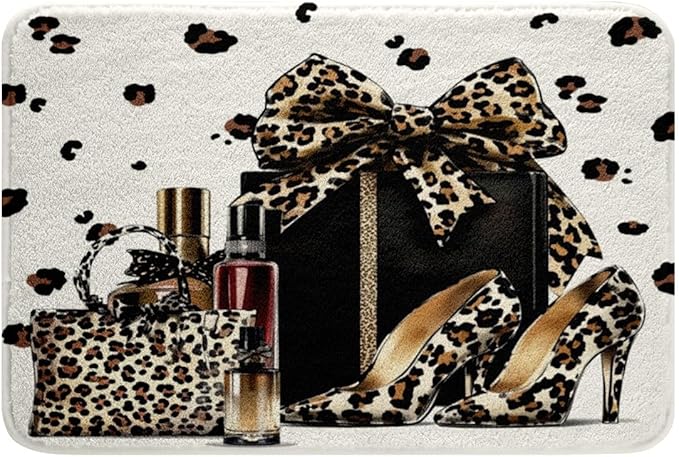 Brown Leopard Bowknot Kids Bath Mats,High-Heeled Shoe Perfume Lipstick Mats Rugs for Girls,Princess Beauty Cheetah Bath Carpets,Modern Fashion Bath Rugs,Absorbent Floor Mats,20Wx32L Inches