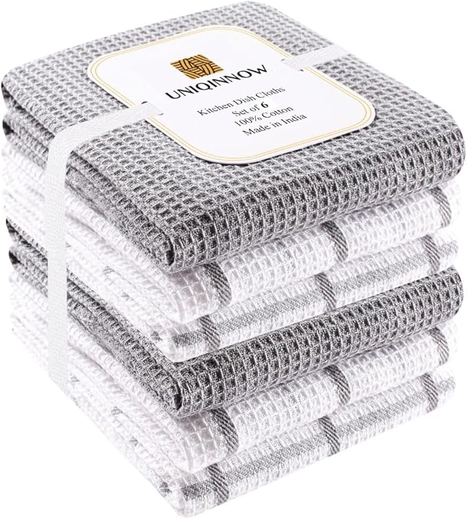 Assorted Waffle Kitchen Dish Towels 100% Cotton Set of 6, Soft Absorbent Quick Drying Table and Kitchen Linen, Tea Towels and Cleaning Towels with Hanging Loop, Dish Towels 15x25 Grey