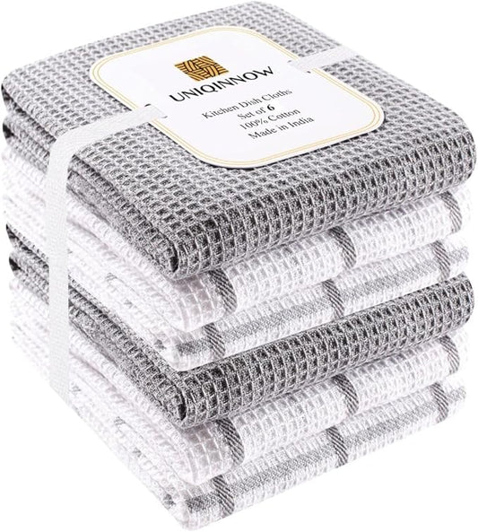 Assorted Waffle Kitchen Dish Towels 100% Cotton Set of 6, Soft Absorbent Quick Drying Table and Kitchen Linen, Tea Towels and Cleaning Towels with Hanging Loop, Dish Towels 15x25 Grey