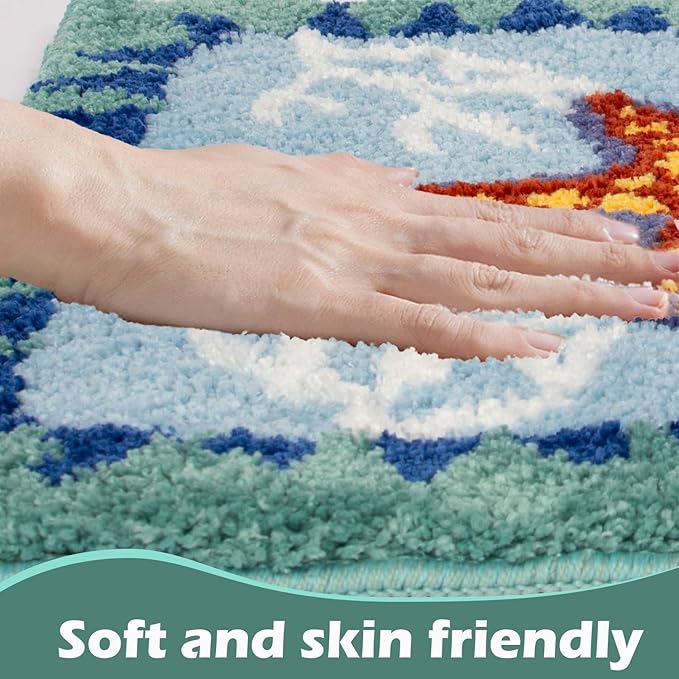 Coastal Beach Bathroom Rug Blue Shell Bath Mat Tufted Non Slip, Machine Washable Cute Kids Sea Bathtub mat Bathroom Bedroom Decoration 31.5x19.7 inches (Sea Star)