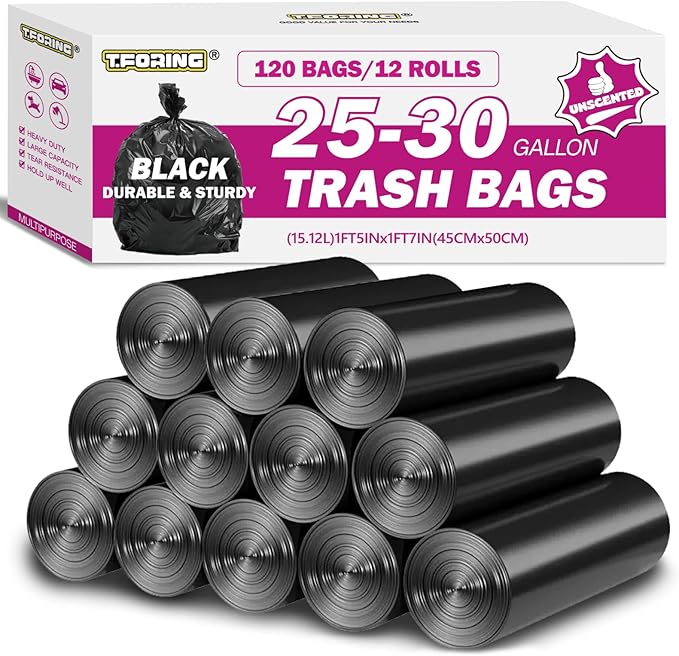 25-30 Gallon Trash Bags Black 120 Count - 31.5" x 35.4" Large Kitchen Garbage Bags, 20+ Gallon Trash Can Liners Unscented, Multipurpose for Home, Office, Daily Household Use
