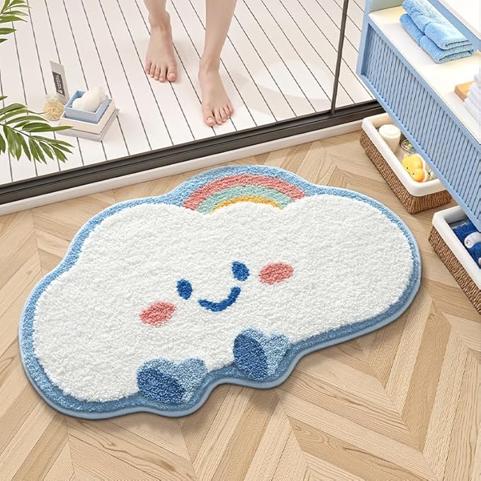 Playtime Cozy Cute Smile Face Cloud Shaped Bedroom Bathroom Doorway Kitchen Floor Rug Carpet Water Absorption Non-Slip mat for Kid's Room (Blue, 15.74x23.62 inch)