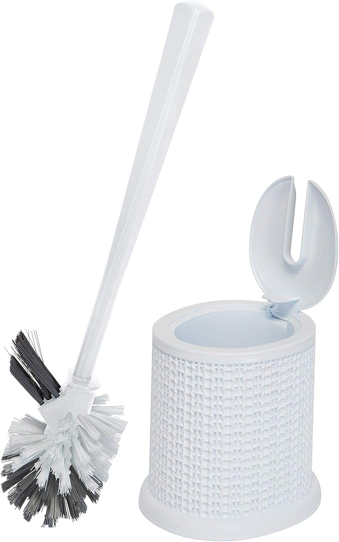Bath Bliss Self Closing Lid Toilet Brush with Rim Scrubber | Dimensions: 5. 9" x 5. 3" x 15. 4" | Self Closing | 360 Degree Bristle | Bathroom Cleaning | Separate Rim Scrubber | White