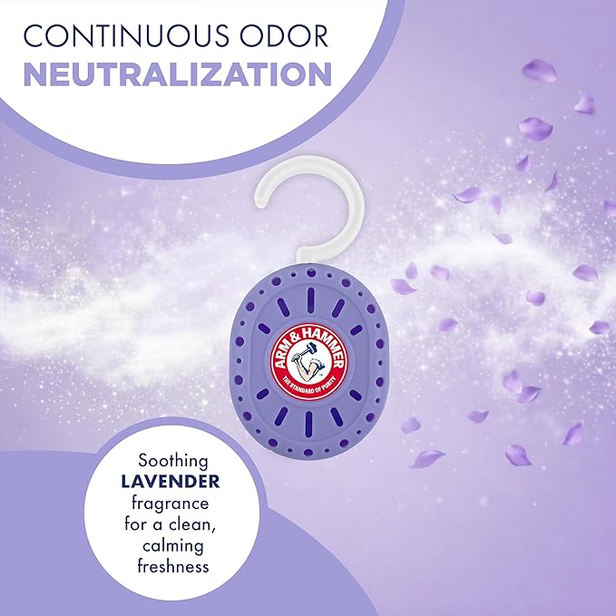 Arm & Hammer OdorBusterz ClosetMATE™, Lavender, 4 Count – Hanging Odor Absorber with Baking Soda, 360° Rotating Hook for Closets, Lockers & Storage Areas