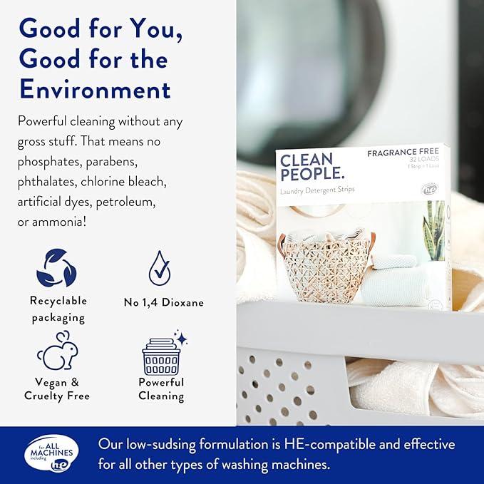 Clean People Laundry Detergent Sheets- Recyclable Packaging, Hypoallergenic, Stain Fighting, Works with All Machines including HE (128 Count, Variety Pack)