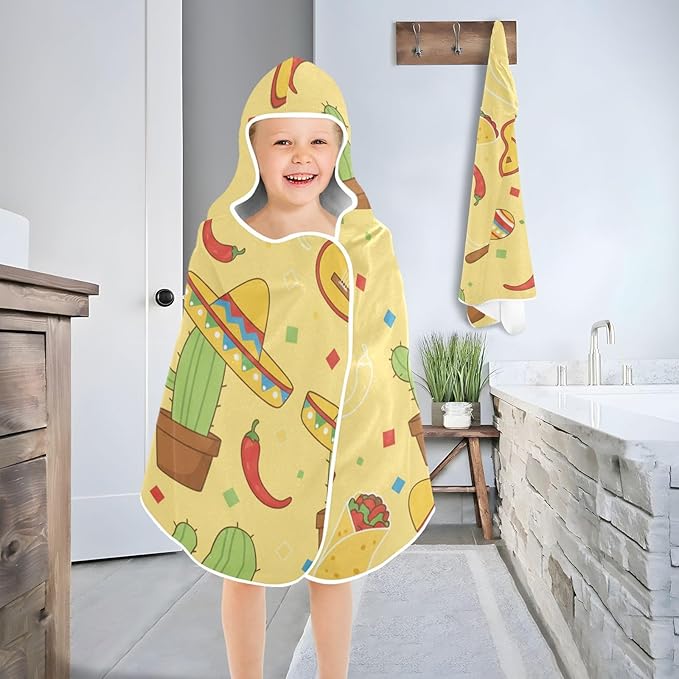 SUABO Kids' Bath Towels Mexico Cactus Guitar Hooded Towels for Boys Girls,Toddler Towels Multi-Purpose for Beach,Pool and Bathroom,23.5" x 50", Soft and Highly Absorbent