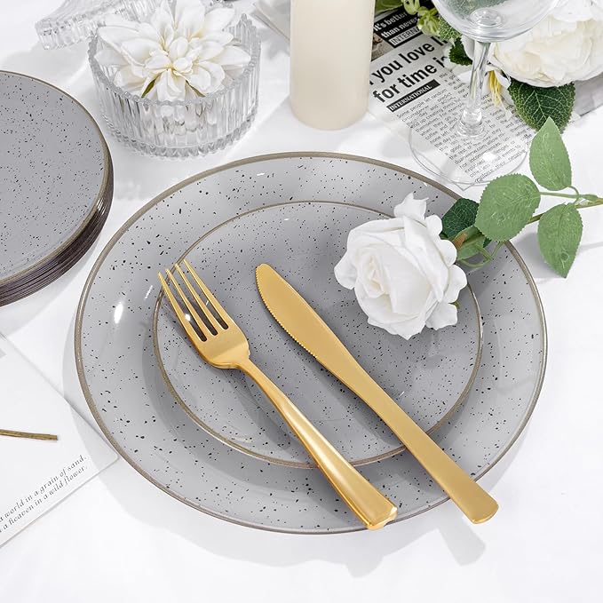 Liacere 32PCS Grey Plastic Plates - Grey Stone Plastic Disposable Tableware Plates Modern Dinnerware Set - Wedding & Warm Winter & Party