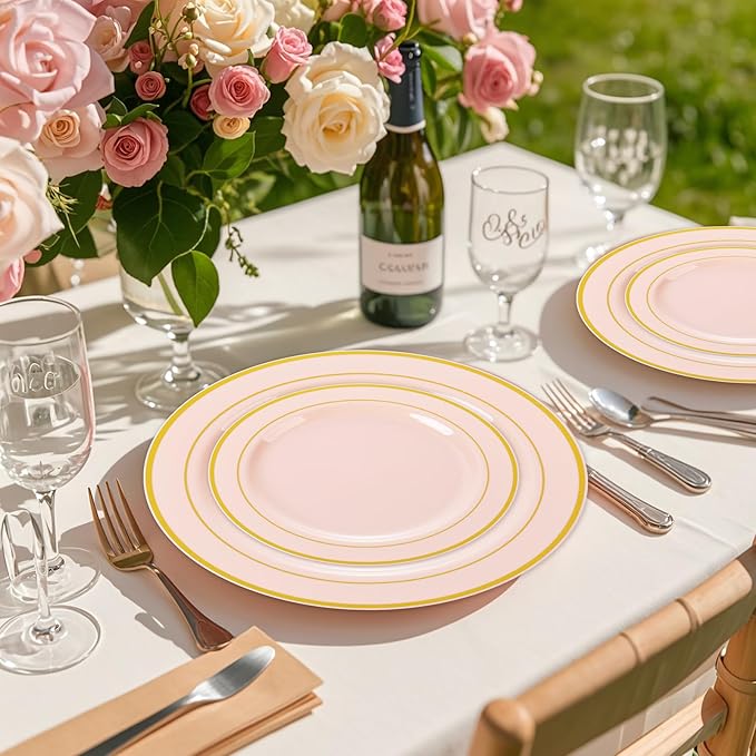 GATHER 350PCS Pink Plastic Plates - Disposable Plastic Dinnerware Set Include 100 Pink Plates, 150 Silverware, 50 Napkins, 50 Cups for Party & Wedding & Baby Shower
