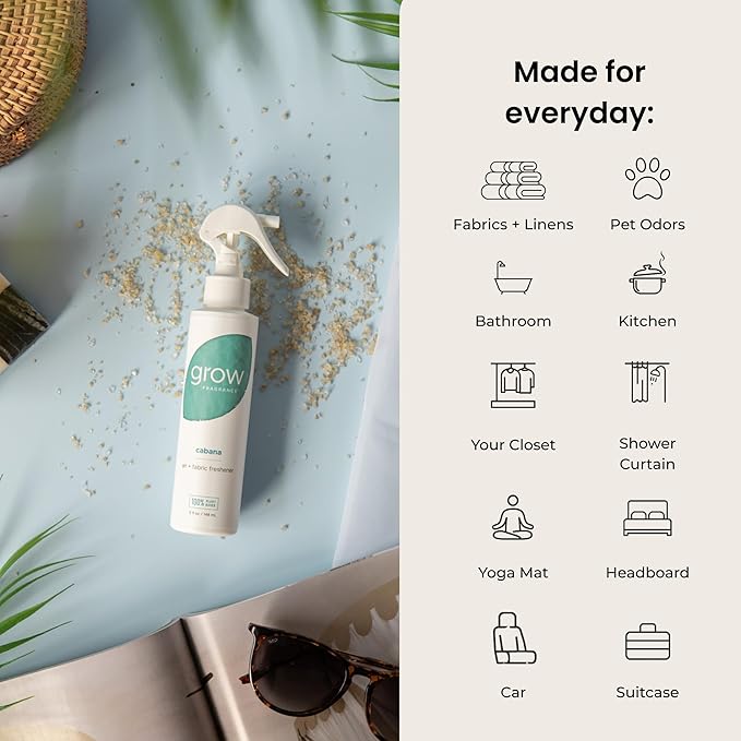 Grow Fragrance Certified Non Toxic, 100% Plant Based Fabric and Room Air Freshener Spray. Made with All Natural Essential Oils | Summer 3 Pack (Coconut Soleil, Cabana, Coastal Tide) 3 x 5oz