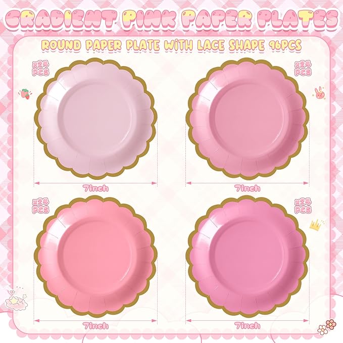 96 Pcs Valentine's Day Pink Paper Plates 7 Inch Scalloped Gradient Pink Disposable Dessert Plate for Coquette Bridal Wedding Galentines Birthday Baby Shower Party Supplies