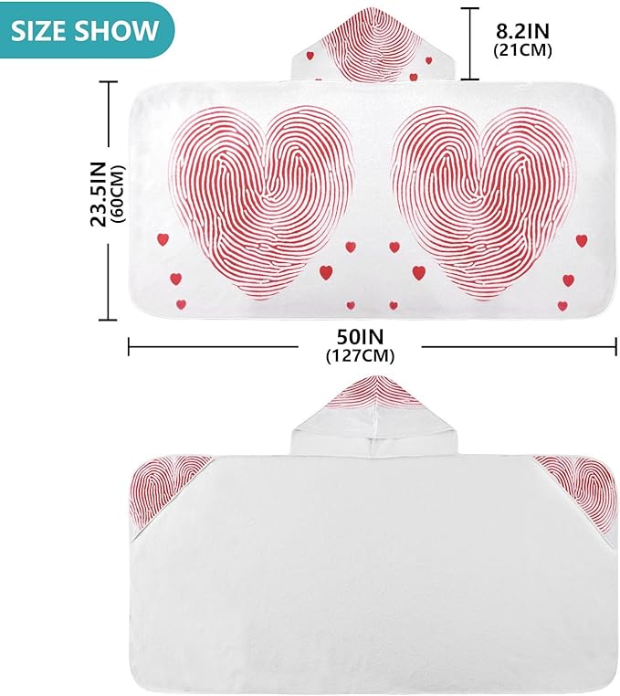 Hooded Towel for Kids Red Hearts Beach Wrap Bath Towels 50x23.5in