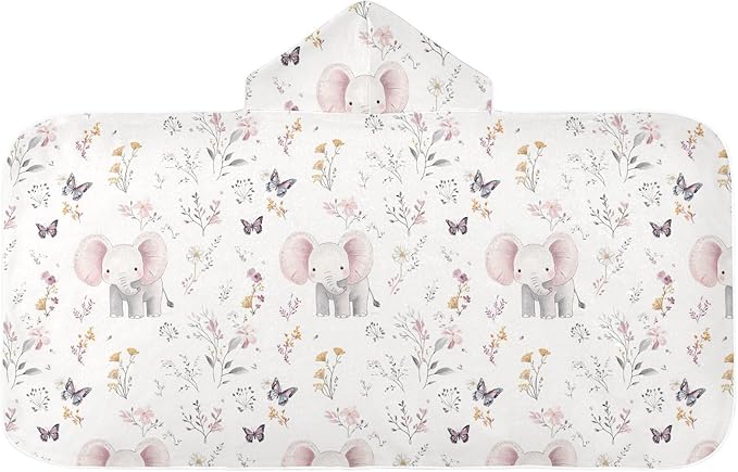 Kids Hooded Beach Towel Cartoon Cute Eelephant and Flowers Hooded Beach Bath Towel Quick Dry Toddler Bath Towels