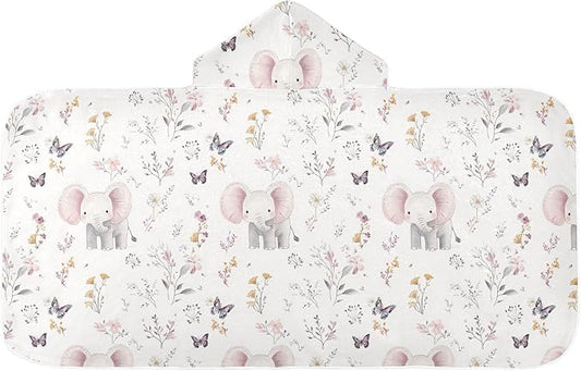 Kids Hooded Beach Towel Cartoon Cute Eelephant and Flowers Hooded Beach Bath Towel Quick Dry Toddler Bath Towels