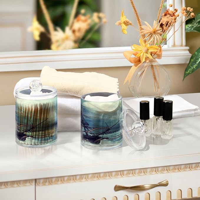 Blueangle 2PCS Pirate Ship Qtip Holder Dispenser with Lids - Apothecary Jar Containers for Vanity Organizer Storage - Plastic Food Storage Canisters