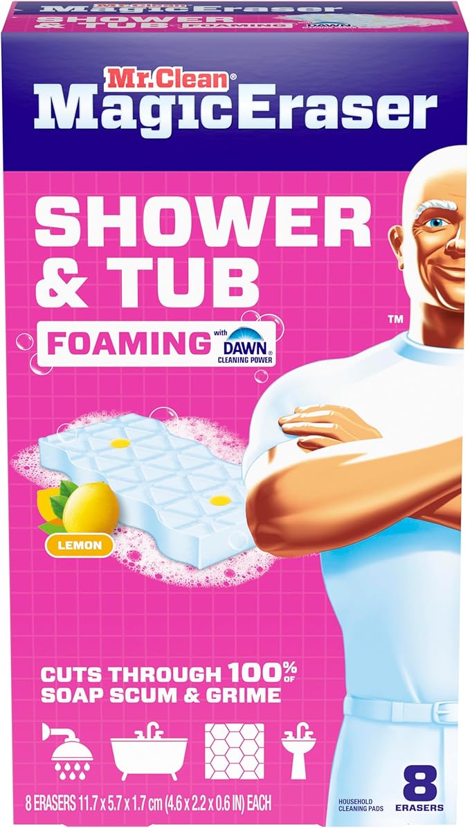 Mr. Clean Magic Eraser Sponge, Bathroom, Shower, Tub Cleaner, Soap Scum Remover, Bathroom Cleaning Supplies, Dawn Cleaning Power with Lemon Scent, Shower & Tub, 8ct (Pack of 4)