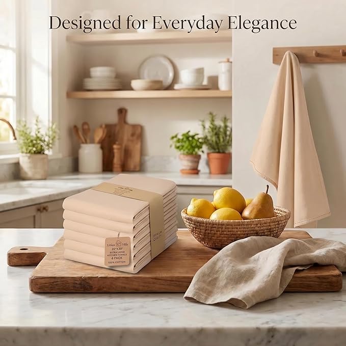 Urban Villa Kitchen Towels 100% Cotton Dish Towels for Kitchen(Set of 6)20”x30” Dish Cloths Highly Absorbent Kitchen Linen Set with Hanging Loop Perfect for Drying Dishes Cleaning Hand Towels – Beige