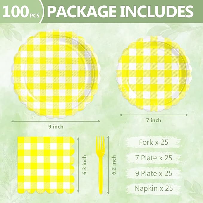 Mulbozy 100 Yellow Gingham Plates and Napkins Disposable Set Includes 25-9" & 25-7" Dessert Cake Scalloped Plates, Cocktail Napkins, Forks for for Holiday Party Supplies