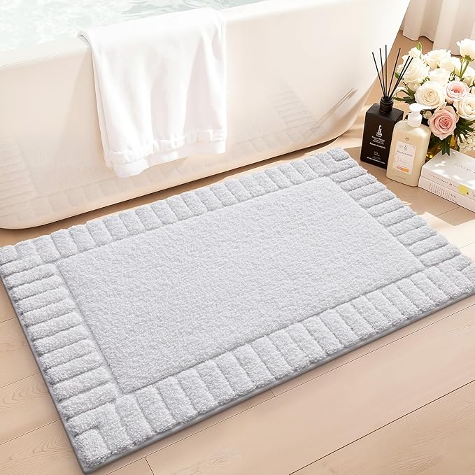LUMI Bathroom Rugs Non Slip with Rubber Backing, Extra Soft Plush Microfiber Bath Rug Absorbent, Machine Washable Bath Mat Quick Dry for Tub, Shower, Hotel, White, 16"x24"