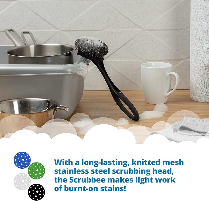 Dishmatic Scrubbee Washing-Up Stainless Steel Scourer for BBQ, Grill, Oven – Kitchen Washing-Up Handle with Easy-Grip Handle