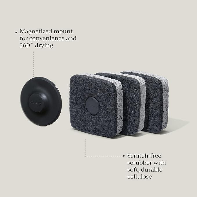 Curio Home Goods Ionic Non-Scratch Kitchen Sponge with Magnetized Holder, Dual Sided Cellulose and Scrub Pad, 3 Pack, Black/Grey