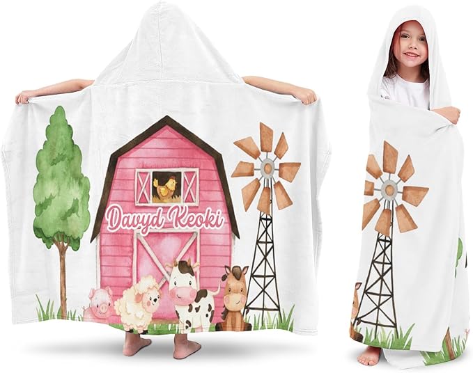 Farm Animals Personalized Kids Hooded Towel with Name Soft Absorbent Beach Pool Bath Towels Hood Poncho for Boys Girls