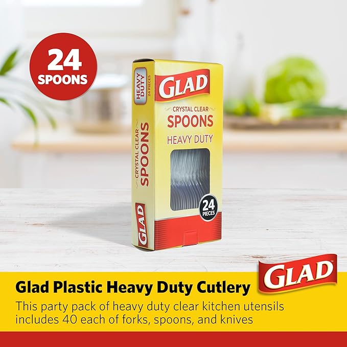 Glad Clear Plastic Spoons, Sturdy Disposable Plastic Cutlery for Parties, Events, Outdoor Meals, and Everyday Use, Clear Neutral Design Fits Any Table Setting, 24 Count