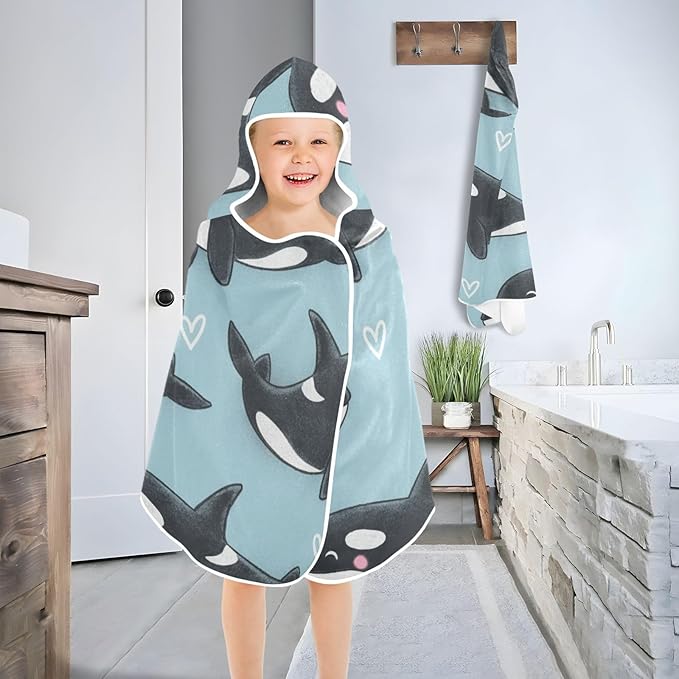 SUABO Kids' Bath Towels Cartoon Whales Love Hooded Towels for Boys Girls,Toddler Towels Multi-Purpose for Beach,Pool and Bathroom,23.5" x 50", Soft and Highly Absorbent