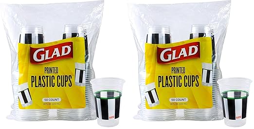 Glad Everyday Disposable Plastic Cups with Referee Football Design - Clear, Soak-Proof Paper Cups with Stripes for All Foods & Daily Use - 18oz, 50 Count (Pack of 2)
